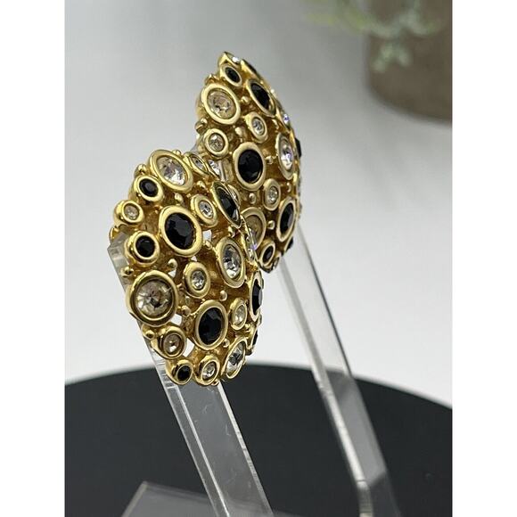 SWAROVSKI Swan Vintage Large Round Black, Clear Crystal Gold Tone Clip Earrings - Picture 4 of 16